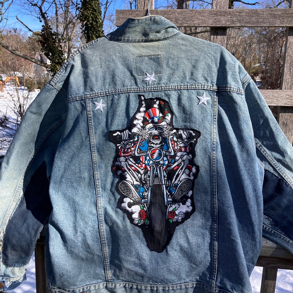 Men’s large vintage upcycled jean jacket with Grateful Dead biker